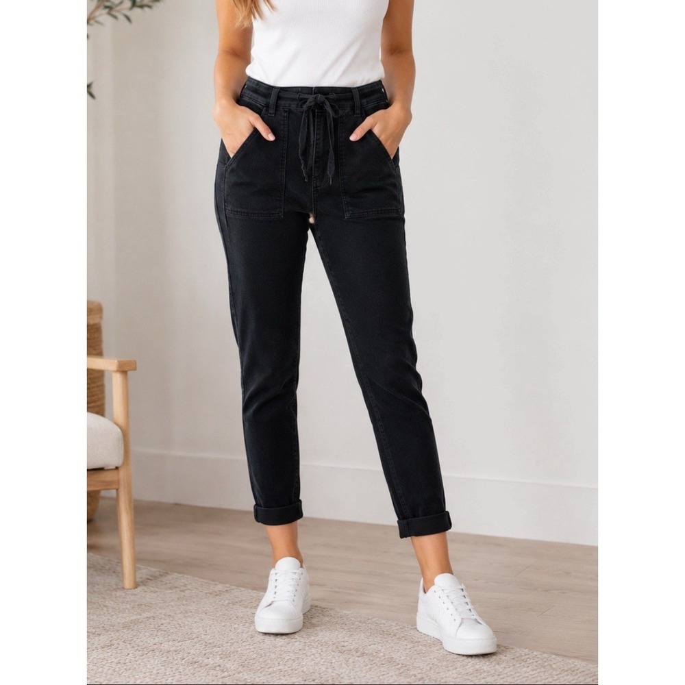 Judy Blue Jet Black 9/29 High Rise Double Cuff Jogger Jeans BK Stretch Utility